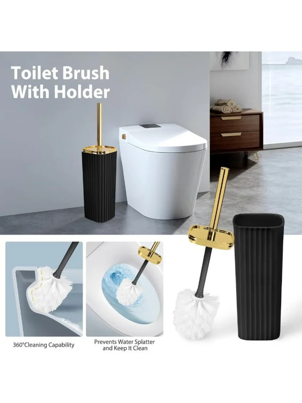 Stylish Bathroom Accessory Set: Shower Curtain, Toilet Brush, Trash Can & Soap